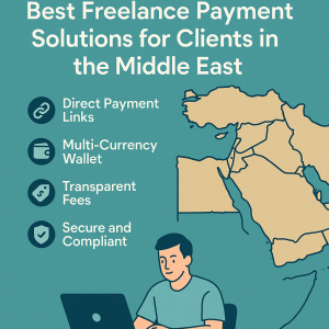 Illustration showing a freelancer working on a laptop with a map of the Middle East and icons for payment features like direct links, multi-currency wallets, and secure transactions.